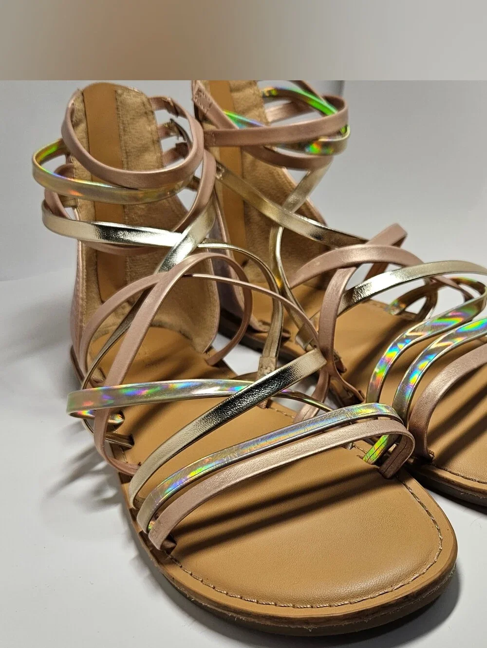 Cat & Jack Girls Dion Gladiator Sandals Size 3 Rose Gold Metallic Strappy Zip